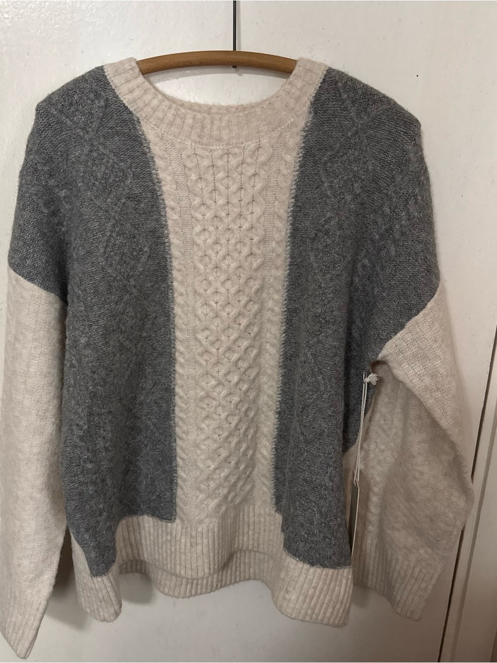Joie Gray and Cream Colorblock Cable Crewneck Sweater